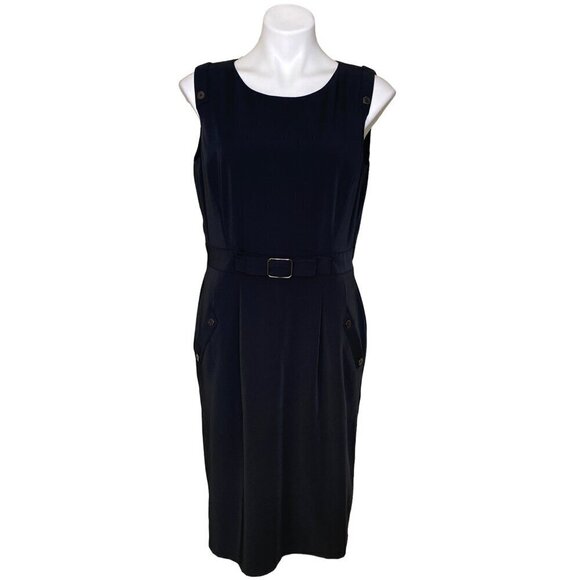 Tahari ASL Black Sleeveless Sheath Dress, Faux Belt Pockets Women's Size 10 - Picture 1 of 9